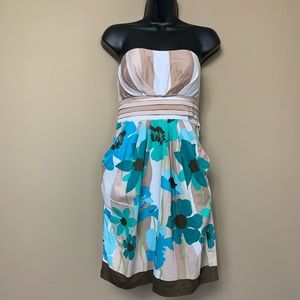 Teal Tan Brown Floral and Stripe Print Strapless Dress